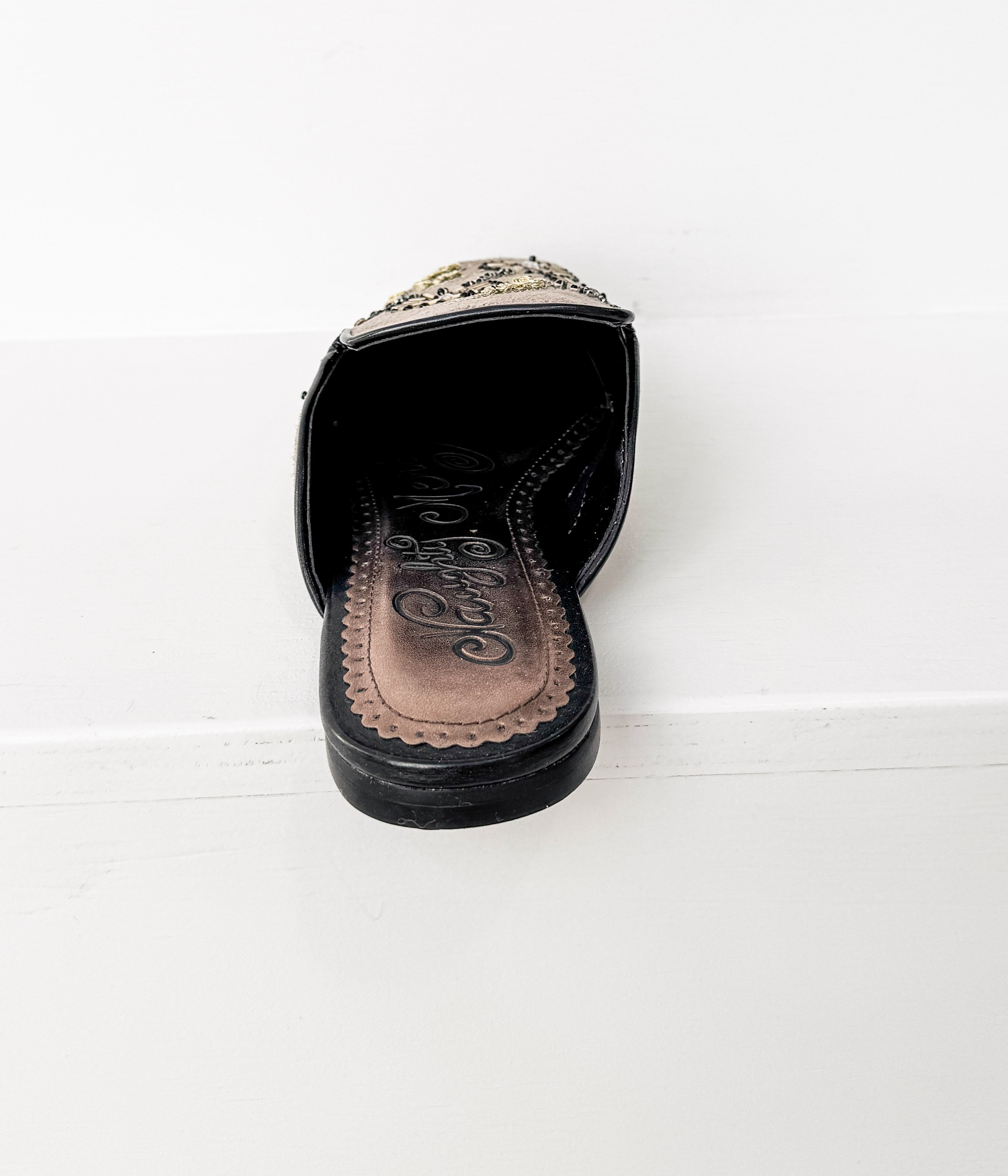 Floral Island Taupe Suede Mules With Embroidered Detail Naughty Monkey